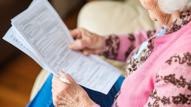 At home, an elderly woman wearing glasses sits on the sofa, holding bills in her hands. Bathed in warm indoor lighting, she appears focused as she reviews the financial documents.