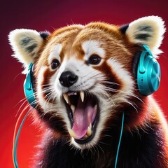 Portrait of a red panda with headphones on a colorful background. DJ, neon light, background, disco style atmosphere, disco art