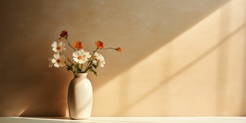 Ceramic vase standing on a table with a bouquet of flowers with shadows on a light brown or beige wall background