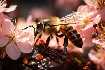 Foto auf Leinwand Policing Bee in Action in Daisy., generative IA © JONATAS