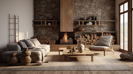 A modern living room featuring natural materials such as wood, stone, and rattan - obrazy, fototapety, plakaty