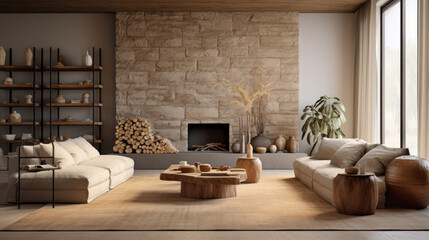 A modern living room featuring natural materials such as wood, stone, and rattan