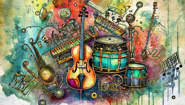 background with keyboard, drums, musical notes