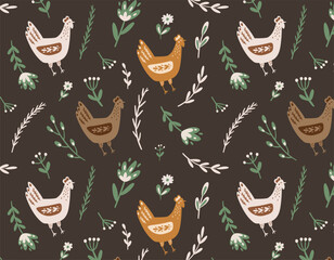 Easter pattern with chicken and flowers. Vector illustration, seamless background