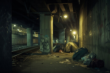 Tent set up outdoors on a city street under the bridge, simple tent of houseless person, homeless tent camp on a city street - obrazy, fototapety, plakaty