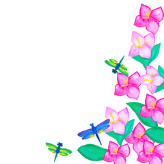 watercolor drawing frame of hydrangea and dragonfly flowers with space for text on a white background basis for creativity