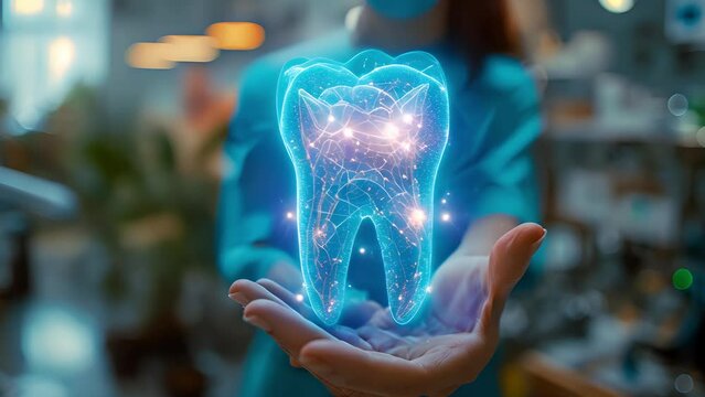 Dentist holding glowing tooth hologram and presenting innovative dental care and futuristic technology