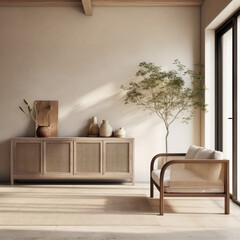 A modern living room with a natural wood sideboard, a sisal rug, and a rattan armchair