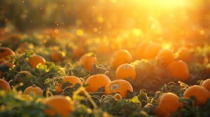 A field of pumpkins with vibrant orange hues, bathed in sunlight, showcasing the bounty of the...