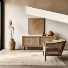 A modern living room with a natural wood sideboard, a sisal rug, and a rattan armchair - obrazy, fototapety, plakaty