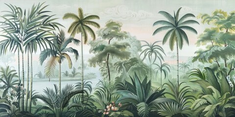 wallpaper jungle and leaves tropical forest, old drawing vintage - obrazy, fototapety, plakaty