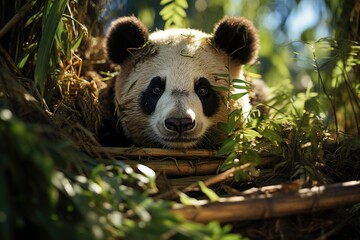 Panda relaxes in bamboo forest tranquility and harmony., generative IA