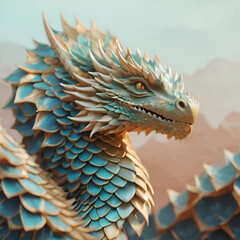 Obraz premium portrait of beautiful pale turquoise dragon against abstract dragon scales background. close up. Fantasy fine art. AI generated artwork