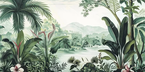 Fotobehang wallpaper jungle and leaves tropical forest, old drawing vintage © Andrus Ciprian