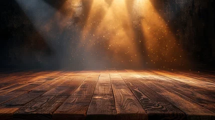 Fotobehang Wooden stage with a spotlight against a dark background ambiance. Warm, golden spotlight. Vintage retro background scene © nataliia_ptashka