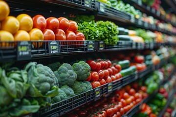 Vivid Display of Fresh Vegetables on Supermarket Shelves at Twilight - obrazy, fototapety, plakaty