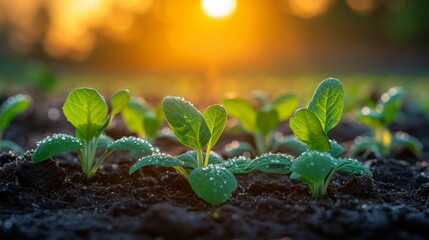 Close up view of seedlings sprouting in the gentle glow of the rural dawn symbolize growth and vitality. - obrazy, fototapety, plakaty