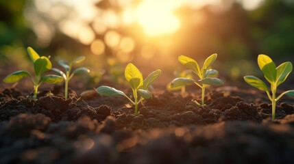 Close up view of seedlings sprouting in the gentle glow of the rural dawn symbolize growth and vitality.