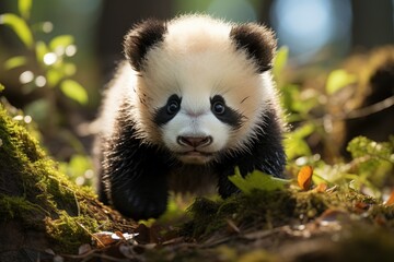 Panda baby enchants with clumsy games., generative IA - obrazy, fototapety, plakaty