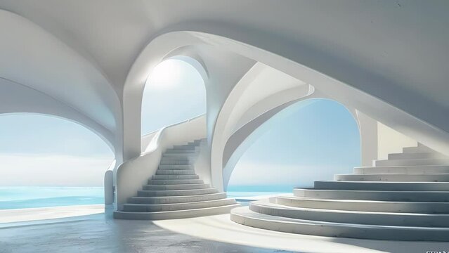 Abstract interior with white arch and blue sea view.