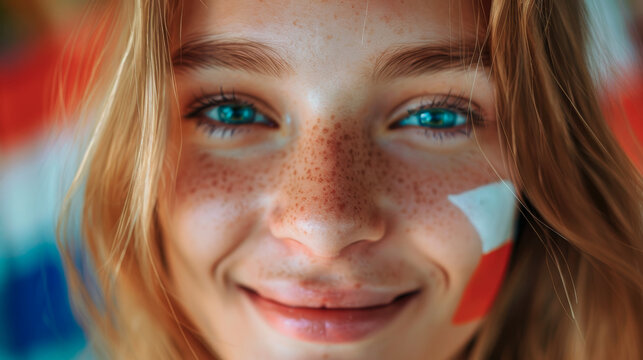 Portrait of a blonde girl, a cheerleader with the Polish flag painted on her cheek.
