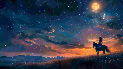 Beautiful woman on horseback under a fantastic sky. There is a bright moon and stars in the sky. Generative AI - obrazy, fototapety, plakaty