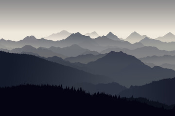 Landscape of gray mountains in the fog. Beautiful landscape of silhouettes of mountains and forests in a mysterious fog. Vector illustration.