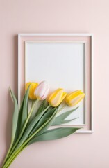 bouquet of yellow tulips. minimalist print frame with white lines, muted colors, soft light pink background with yellow tulips with copy space.