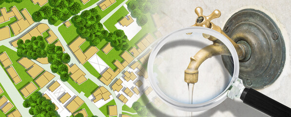 Control of purity and quality of drinking water in public spaces - concept with a water brass faucet seen through a magnifying glass ad imaginary city map