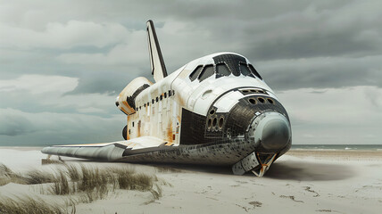 An astronaut stranded on a deserted beach, with a gray sky overhead and an abandoned space shuttle nestled on the shore. Generative AI - obrazy, fototapety, plakaty