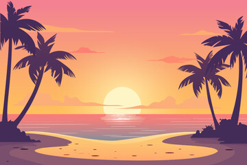 Fototapeta na wymiar Orange sunset on the beach of a paradise island. Romantic sunset on a sandy beach with palm trees. Vacation vector illustration. Holidays at a seaside resort.
