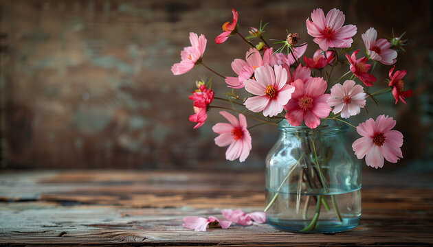 Pink and red flowers with green leaves in a glass pot on wooden table with brick wall in the background. Postcard image with whiteout area, display image