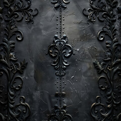 porte, portail en métal noir ouvrage en fer forgé plein, avec des motifs en bas relief.
