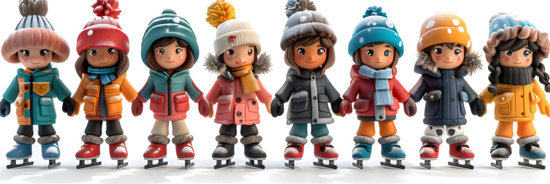 A 3D animated cartoon render of a diverse group of children enjoying ice skating.