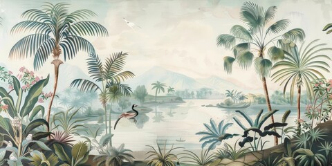 Fototapeta na wymiar wallpaper jungle and leaves tropical forest, old drawing vintage