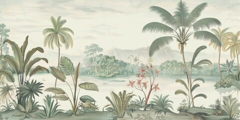 Fototapeta na wymiar wallpaper jungle and leaves tropical forest, old drawing vintage