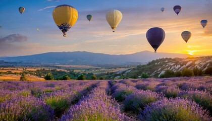 lavender field landscape in the background; purple colors, soft selective focus Hot air balloon
