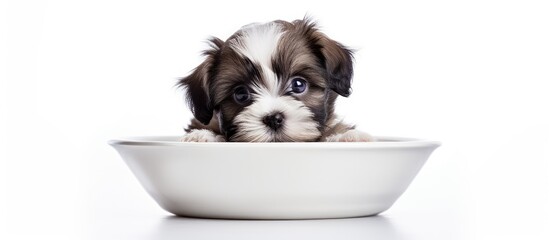 An adorable Shih Tzu puppy with black and white fur is comfortably sitting inside a small white dish. The puppy is the main focus of the image, set against a plain white background.