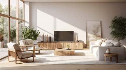 Fototapeta na wymiar A modern living room with a plush armchair, Smart Home controls, and a flat-screen TV