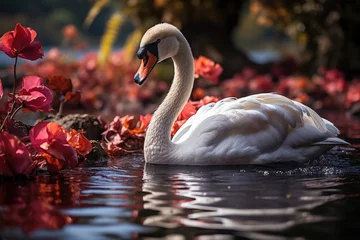 Foto op Plexiglas White Swan sliding in serene lake at sunset., generative IA © JONATAS