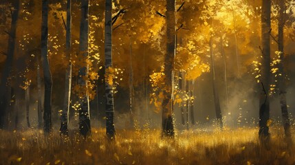 A gentle breeze rustling through a grove of aspen trees, causing their golden leaves to shimmer and dance in the autumn air.