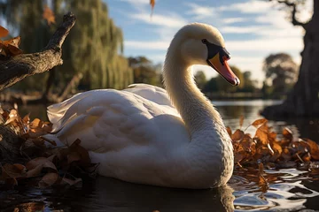 Fotobehang Majestic swan slides in urban park., generative IA © JONATAS