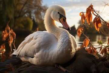 Majestic swan slides in urban park., generative IA