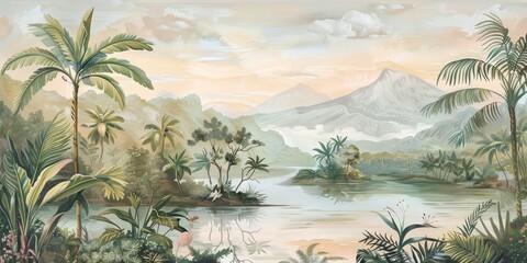 wallpaper jungle and leaves tropical forest, old drawing vintage