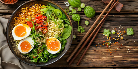 sushi with salmon Ramen noodles with shrimp broccoli spinach and boiled egg on a dark background top