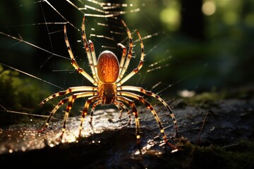 Obraz premium Spider weaves intricate web in the silent forest., generative IA