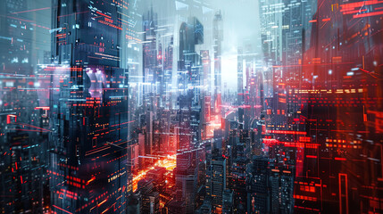 Obraz premium abstract anime skyscraper buildings ny street wallpaper, background illustration lofi vibes, futuristic neon lights
