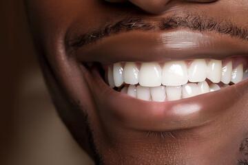 dents blanches bien alignées d'un homme  au sourire impeccable, avec une  petite moustache, à la peau noire. Vue rapprochée sur les dents blanches. Dentiste, orthodontie,  - obrazy, fototapety, plakaty