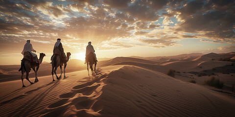 Fototapeta na wymiar camels in a desert at sunset 