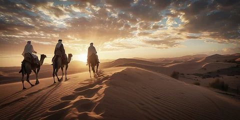 Foto op Plexiglas camels in a desert at sunset  © Jonas Weinitschke